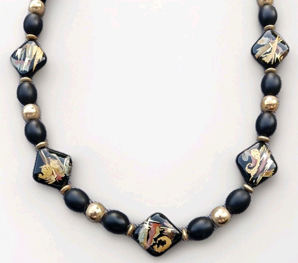 VTG Japanese Hand Painted Black Lacquer 30" Inch Beaded Necklace Oriental Japan